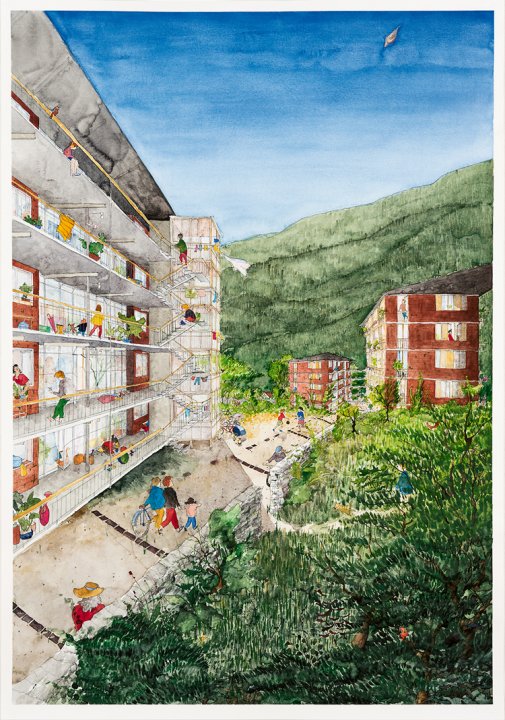 Zeichnung eines Mehrfamilienhauses mit viel Grün davor